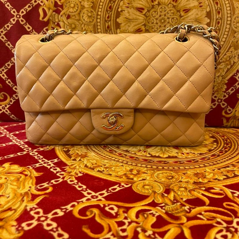 香奈兒CHANEL CF中號菱格紋雙翻蓋 奶茶色肩背包-0