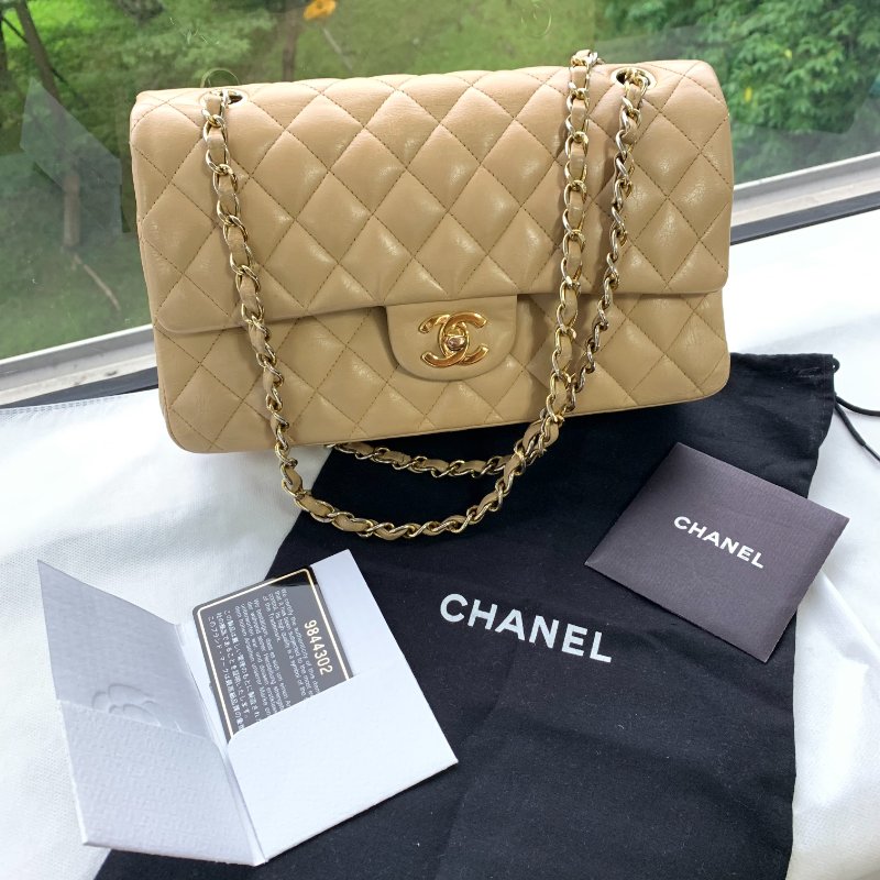 香奈兒CHANEL CF中號菱格紋雙翻蓋 奶茶色肩背包-1