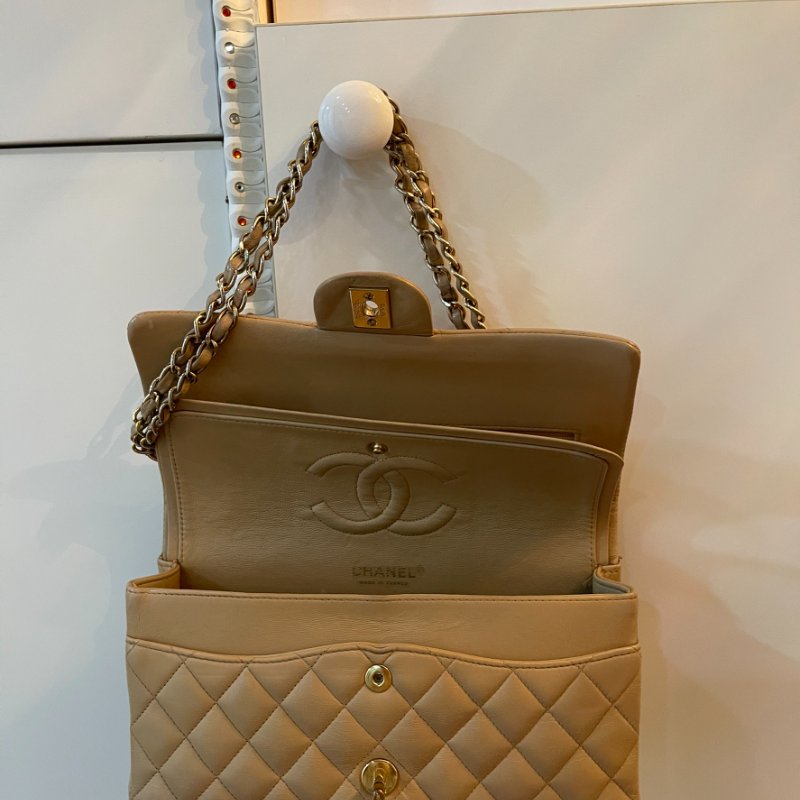 香奈兒CHANEL CF中號菱格紋雙翻蓋 奶茶色肩背包-5