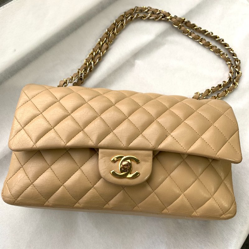 香奈兒CHANEL CF中號菱格紋雙翻蓋 奶茶色肩背包-7