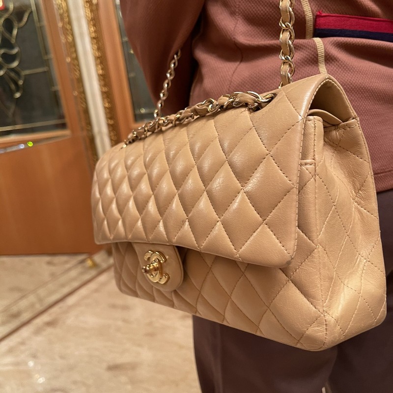 香奈兒CHANEL CF中號菱格紋雙翻蓋 奶茶色肩背包-11