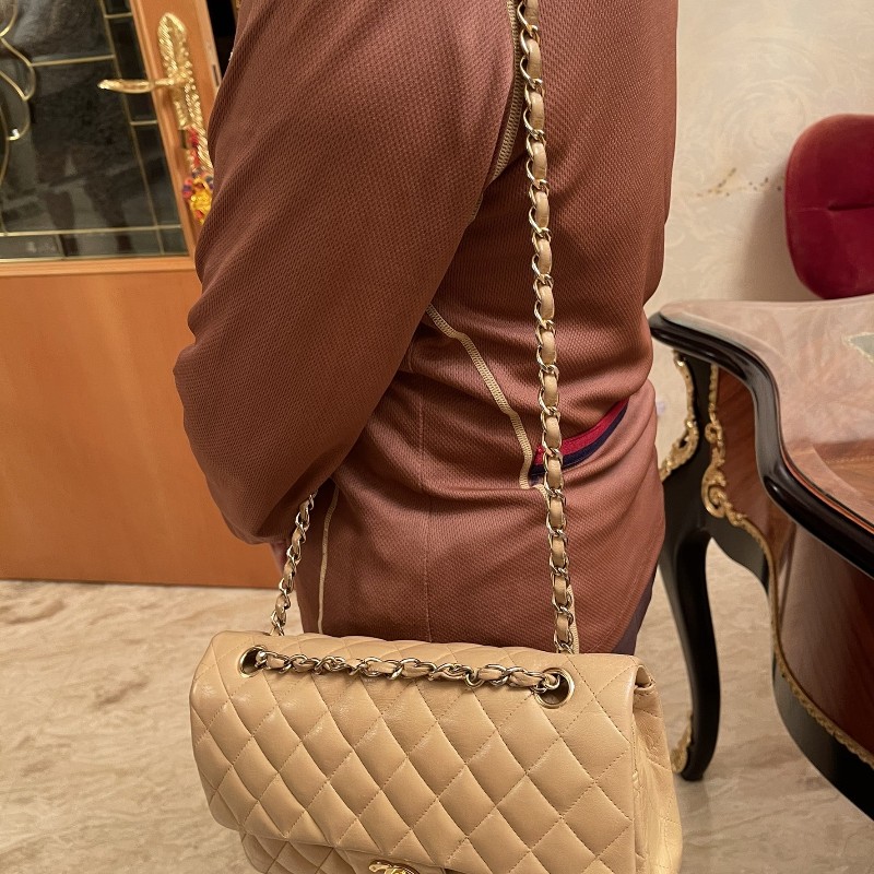 香奈兒CHANEL CF中號菱格紋雙翻蓋 奶茶色肩背包-12