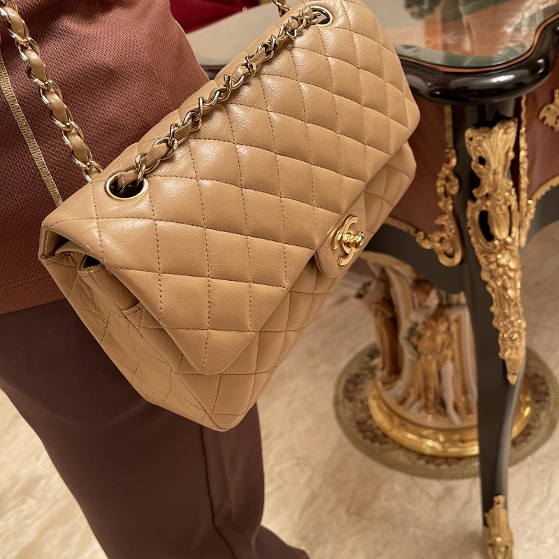 香奈兒CHANEL CF中號菱格紋雙翻蓋 奶茶色肩背包-16