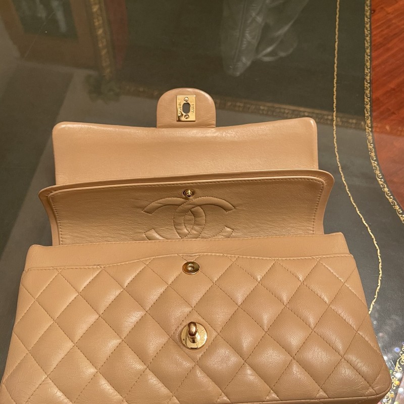 香奈兒CHANEL CF中號菱格紋雙翻蓋 奶茶色肩背包-18