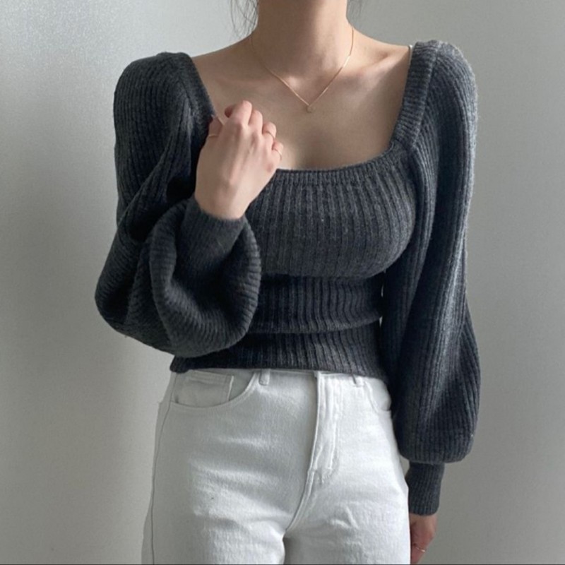 韓國時尚氣質純色方領泡泡袖針織毛衣上衣-0
