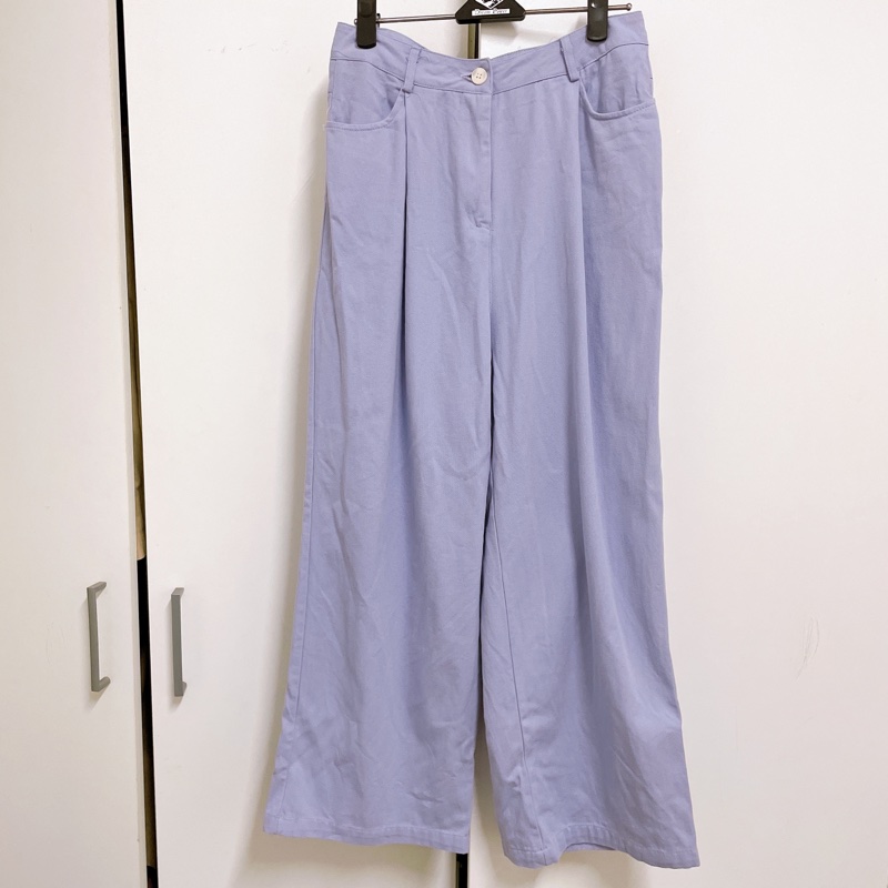 紫色寬版長褲-0