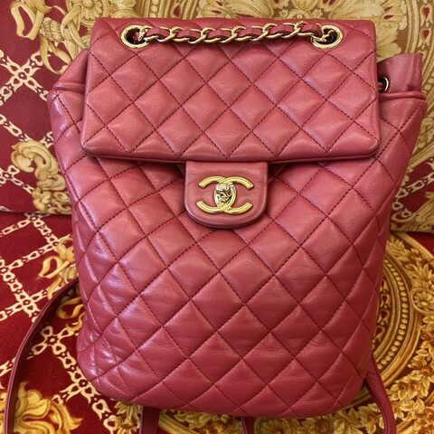 香奈兒 CHANEL 金扣玫紅後背包(正品)