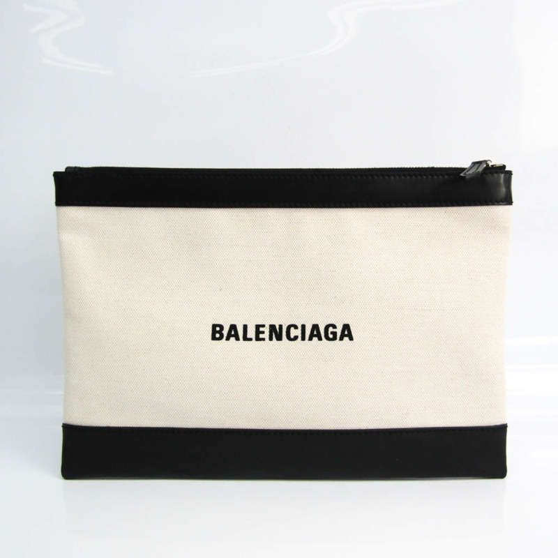 【日本直送】Balenciaga 海軍藍 Clip M 373834 女式帆布，皮革手拿包 黑色，灰白色-0
