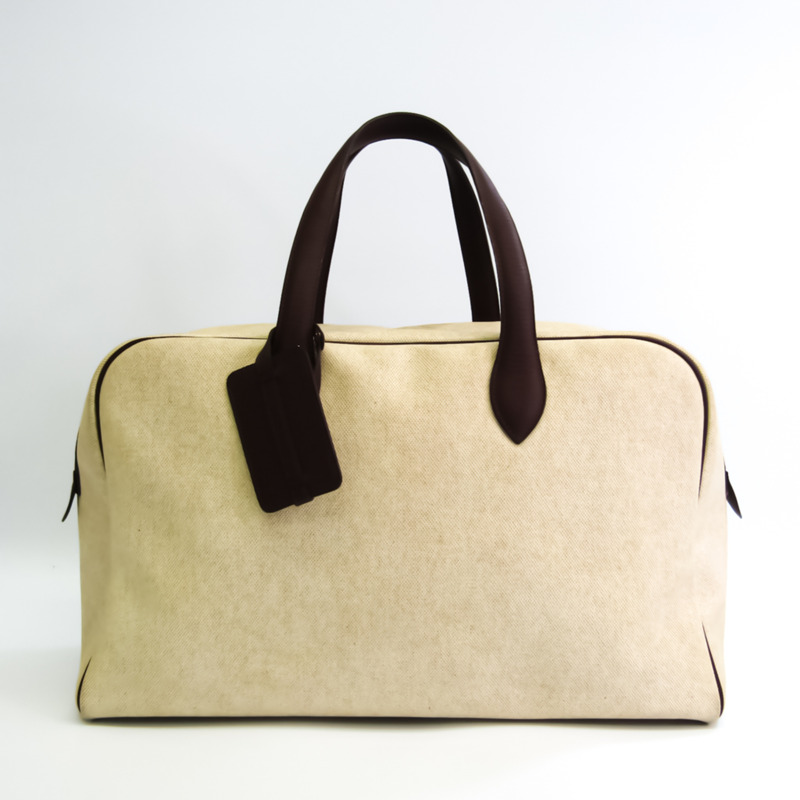 【日本直送】Hermes Victoria 43 Unisex Toile H,Ardennes 皮革波士頓包 米色,棕色-0
