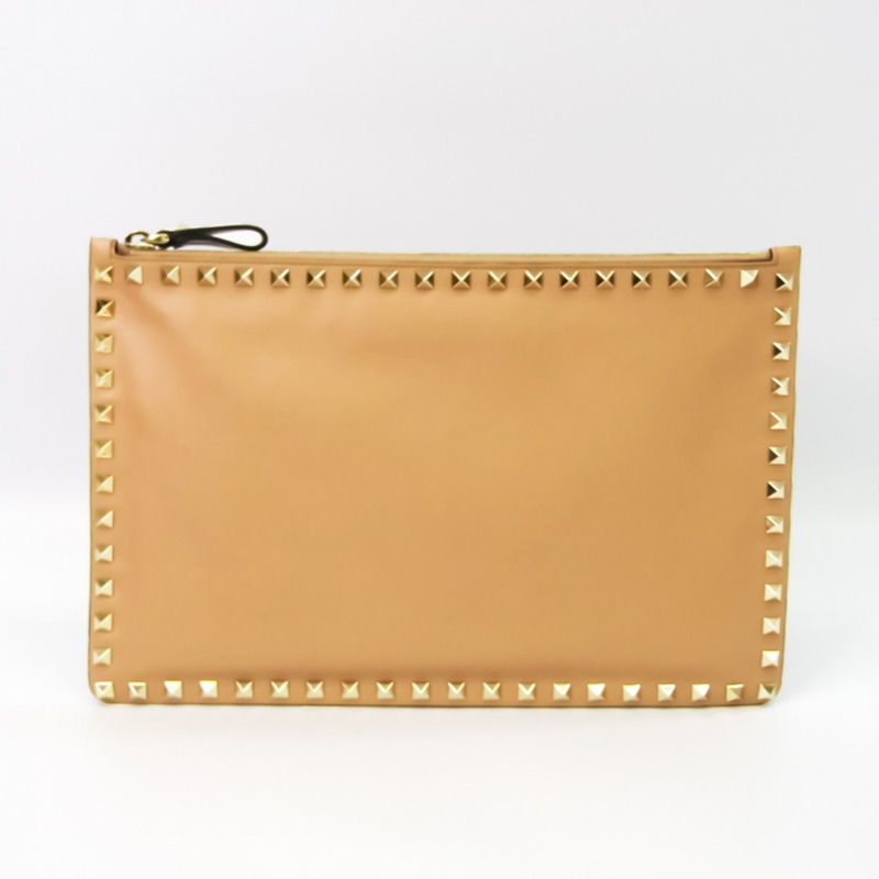 【日本直送】Valentino Garavani Lock 男式、女式皮革鉚釘手拿包米色-0