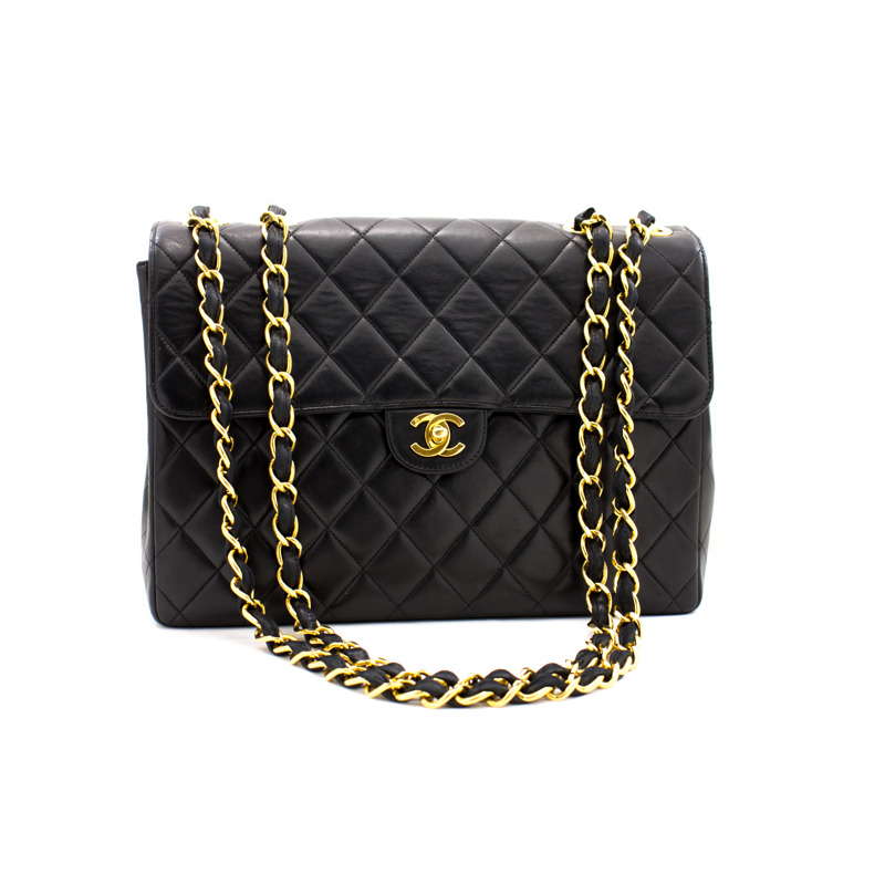 【日本直送】香奈兒 Jumbo 11 英寸大號鏈條單肩包翻蓋黑色小羊皮-1