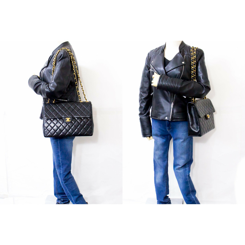 【日本直送】香奈兒 Jumbo 11 英寸大號鏈條單肩包翻蓋黑色小羊皮-11