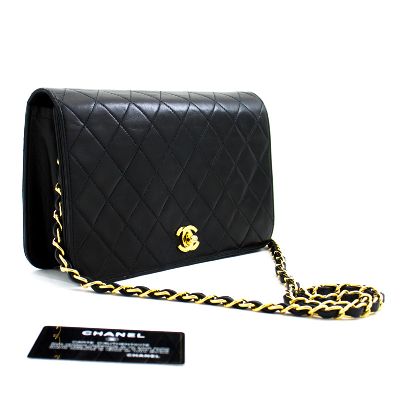 【日本直送】CHANEL 全翻蓋鏈條單肩包黑色絎縫小羊皮皮革-0