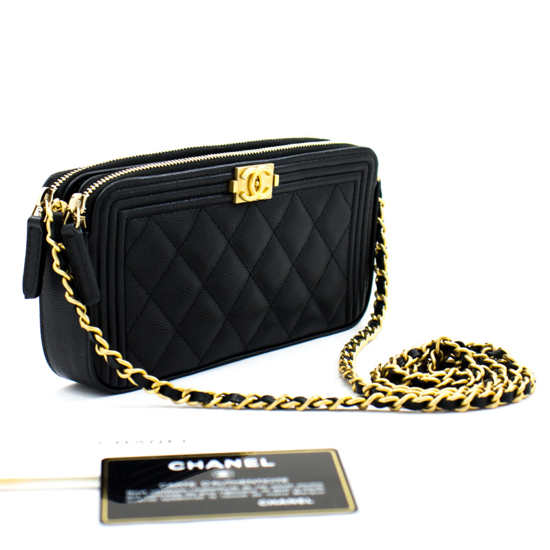 【日本直送】CHANEL 男孩黑色魚子醬鏈條錢包 WOC 拉鍊單肩包-0