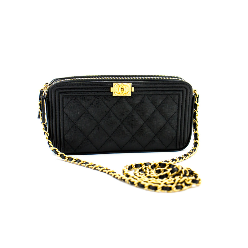 【日本直送】CHANEL 男孩黑色魚子醬鏈條錢包 WOC 拉鍊單肩包-1