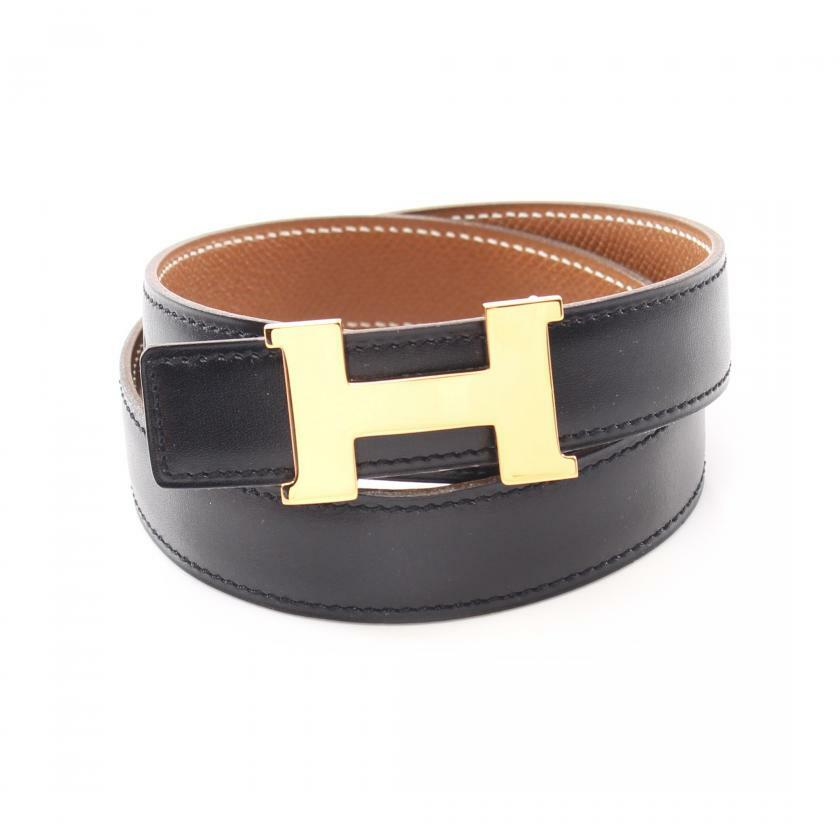 【日本直送】中古HERMES 9成新 迷你constance H 腰帶 黑色 金色 小公牛皮 拋光小公牛皮 黑色 淺棕色 金色五金 正反兩用 □A刻印-0