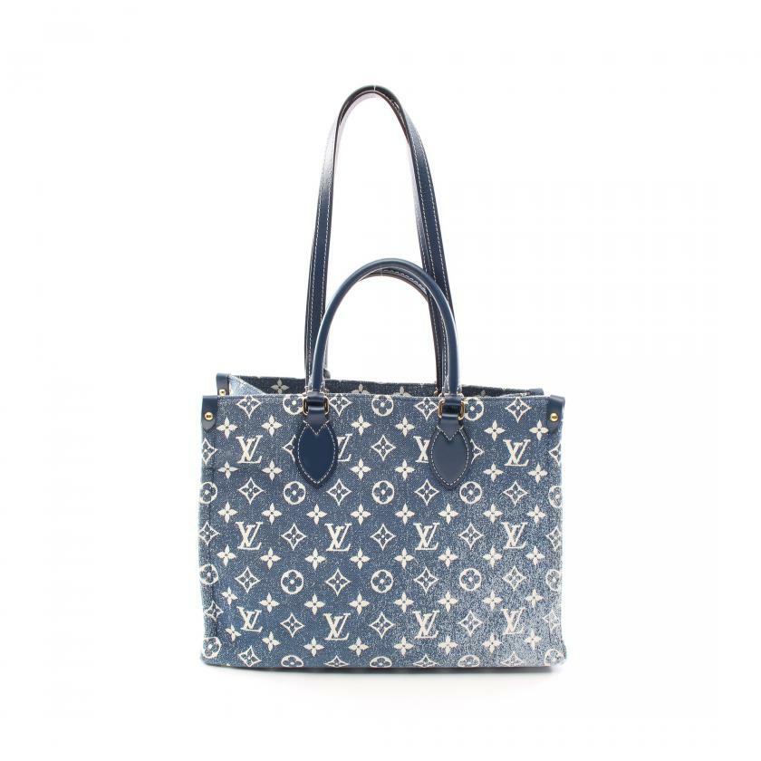 【日本直送】中古LOUIS VUITTON 9成新 OnTheGo MM 老花 提花丹寧布 肩包 托特包 丹寧布 真皮 藍色 白色 海軍藍 兩用款-0