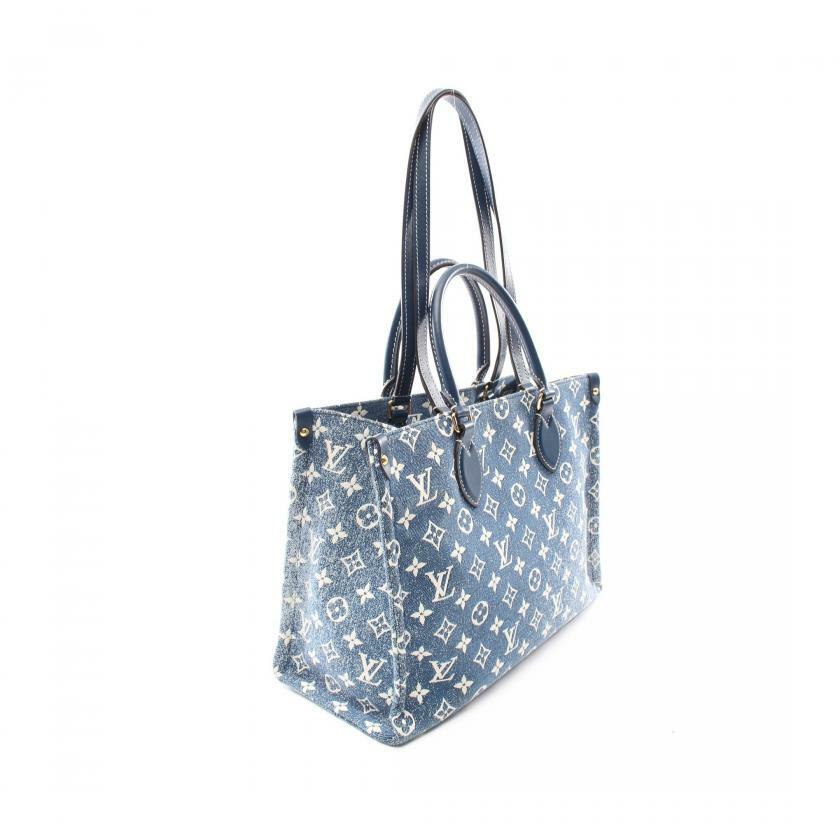【日本直送】中古LOUIS VUITTON 9成新 OnTheGo MM 老花 提花丹寧布 肩包 托特包 丹寧布 真皮 藍色 白色 海軍藍 兩用款-1