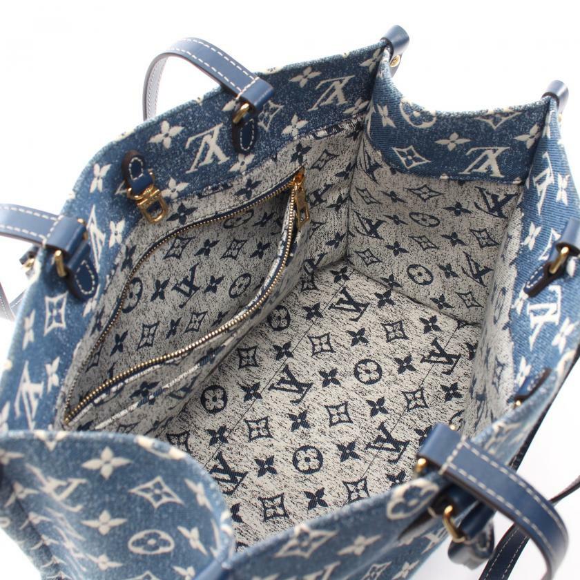 【日本直送】中古LOUIS VUITTON 9成新 OnTheGo MM 老花 提花丹寧布 肩包 托特包 丹寧布 真皮 藍色 白色 海軍藍 兩用款-2