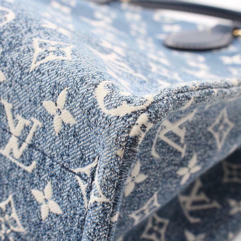 【日本直送】中古LOUIS VUITTON 9成新 OnTheGo MM 老花 提花丹寧布 肩包 托特包 丹寧布 真皮 藍色 白色 海軍藍 兩用款-4