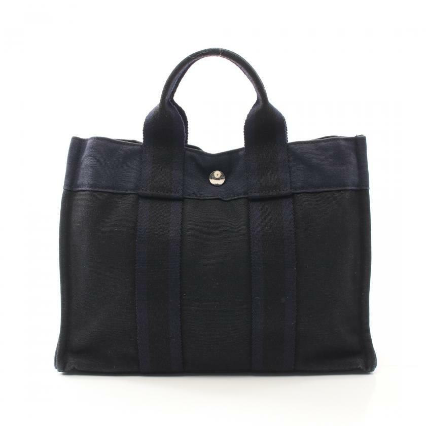 【日本直送】中古HERMES 9成新 fourre-tout PM  帆布手提包托特包 黑色 海軍藍-0