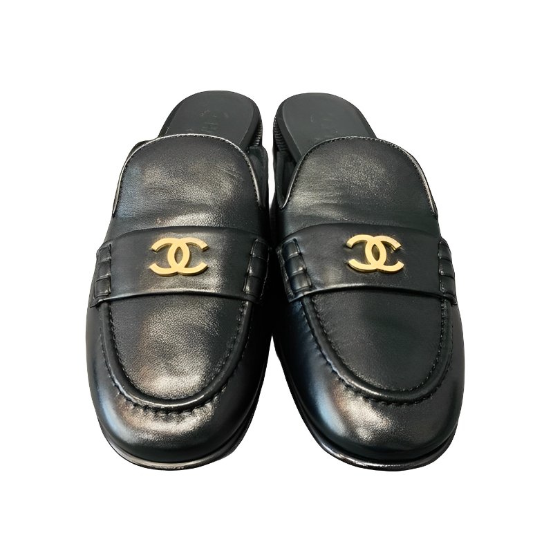 CHANEL 香奈兒 黑色全皮金釦 穆勒鞋/拖鞋/低跟鞋-0