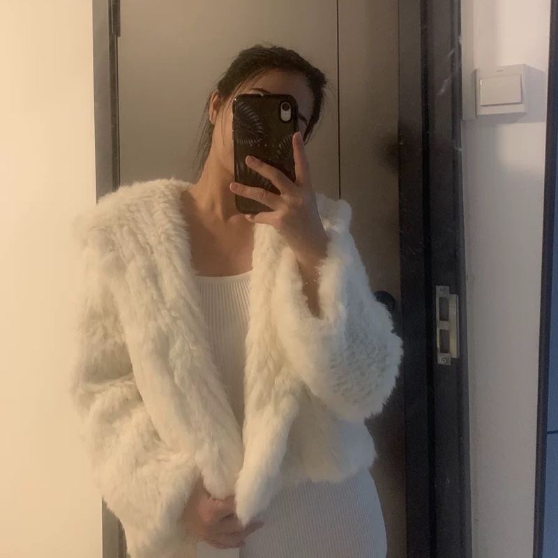 兔毛手工雙面編織長袖短短版帽外套 皮草外套 兔毛外套 全新-3