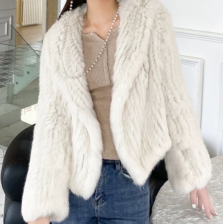 兔毛手工雙面編織長袖短短版帽外套 皮草外套 兔毛外套 全新-5