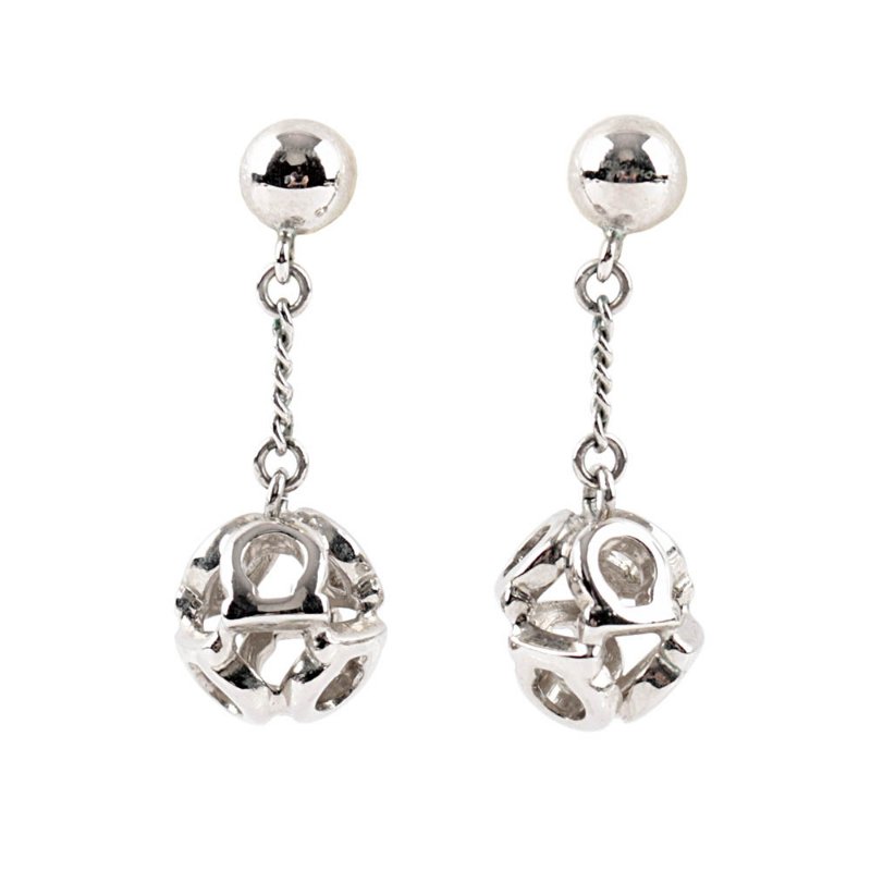 Salvatore Ferragamo 經典LOGO立體球狀鏤空垂墜針式耳環(銀色)-0