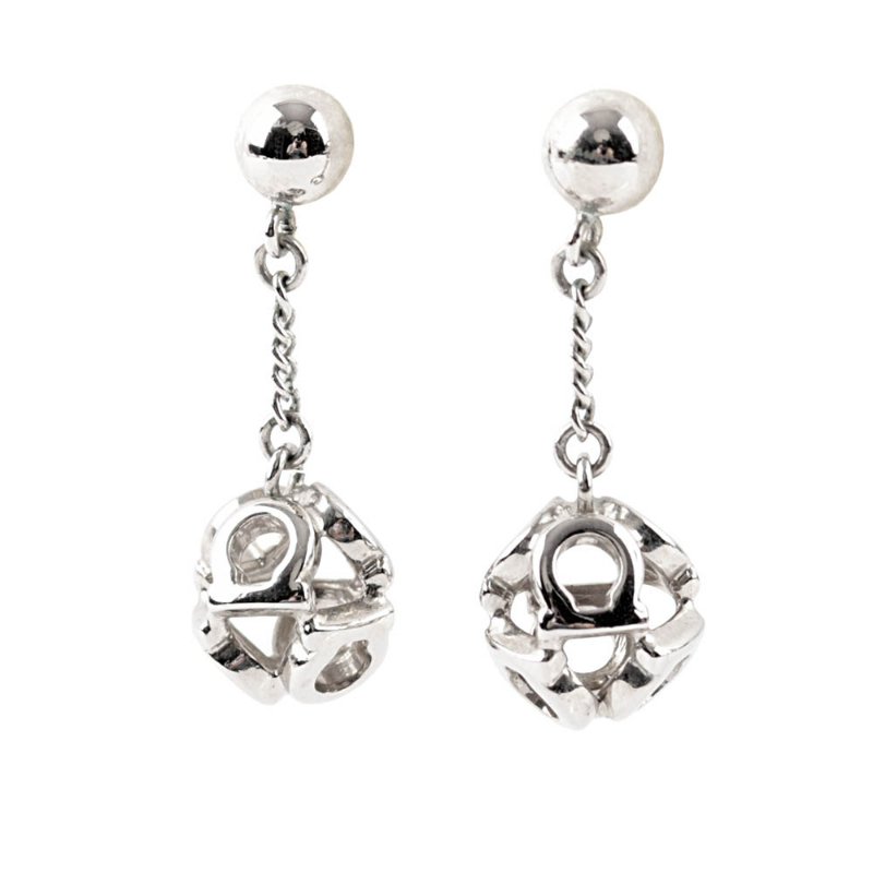 Salvatore Ferragamo 經典LOGO立體球狀鏤空垂墜針式耳環(銀色)-2