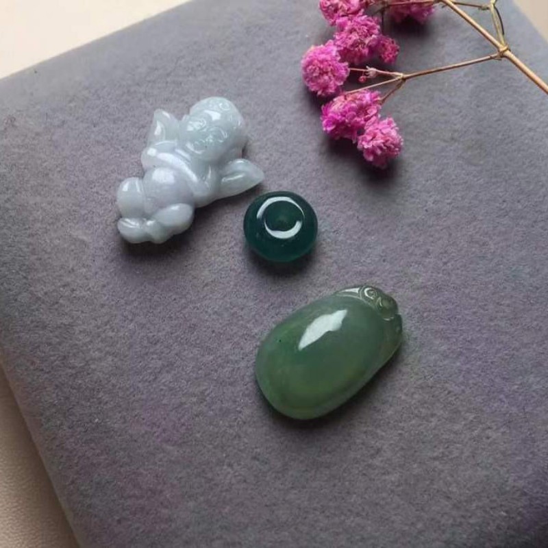 緬甸玉A貨-天使.平安釦.冰綠福貝造型玉墬總共3件-12