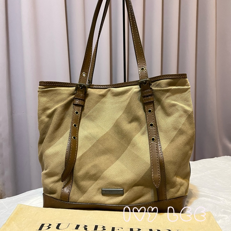 BURBERRY 巴寶莉 奶茶色 斜格紋 布面 托特包 肩背包 手提包 二手正品-0