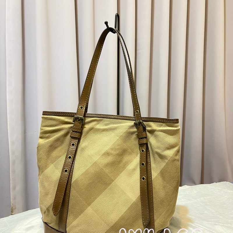 BURBERRY 巴寶莉 奶茶色 斜格紋 布面 托特包 肩背包 手提包 二手正品-1