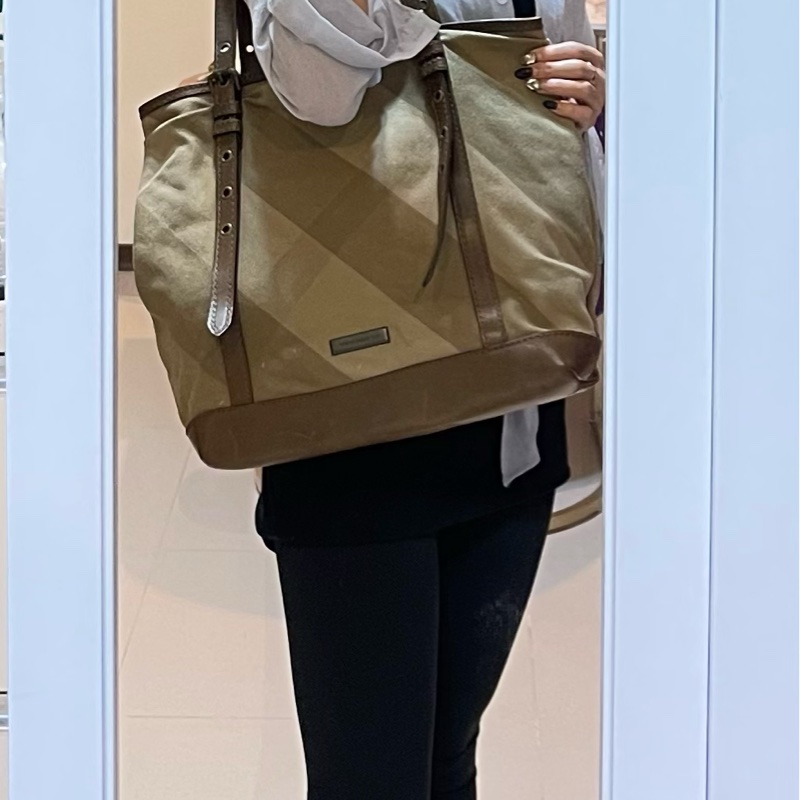 BURBERRY 巴寶莉 奶茶色 斜格紋 布面 托特包 肩背包 手提包 二手正品-9