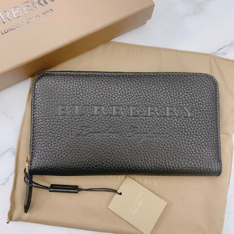 全新【BURBERRY】 經典logo黑色長夾 拉鍊長夾 荔枝紋牛皮