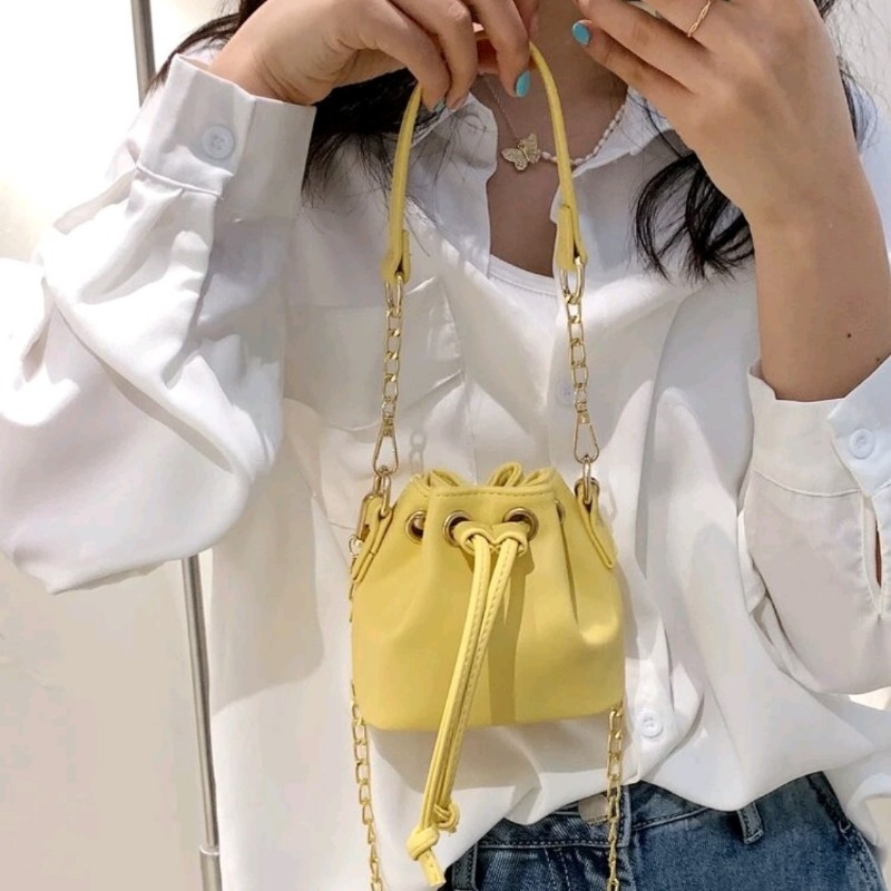 黃色 迷你水桶包 手提包 側背包 斜背包 平價 小資女 二手包-2