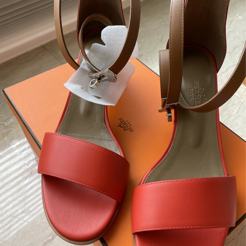 正品 全新Hermès 愛馬仕 KELLY橘紅奶茶咖啡色綁帶繫踝涼鞋 附/紙盒/緞帶/防塵袋 尺寸37.5-0