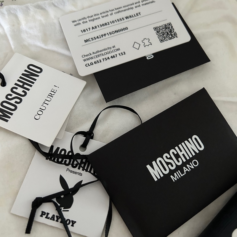 MOSCHINO Playboy 聯名款兔耳泰迪熊圖案皮夾/WOC/鍊帶包(黑色)-10
