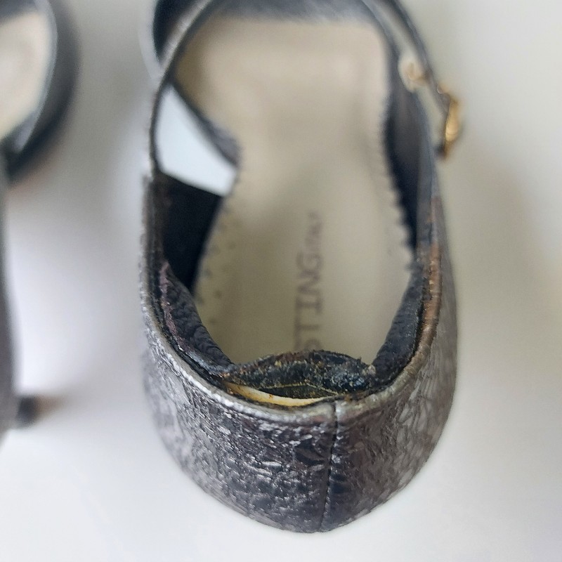 未穿 小尺碼 義大利品牌 Firenze & Sting 真皮 金屬灰 立體雙蝴蝶結 斜繫帶 魚口高跟鞋 EUR35-3