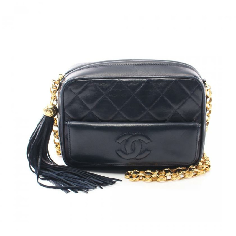【日本直送】中古CHANEL 9成新 菱格紋 鏈條肩包 小羊皮 海軍藍 金色五金 流蘇 vintage-0
