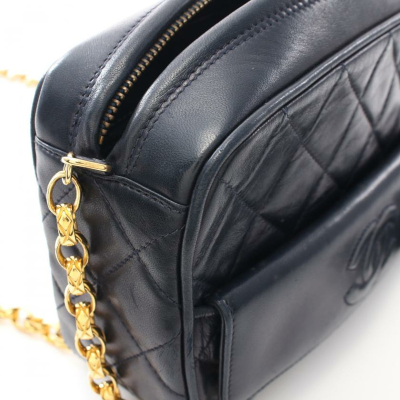 【日本直送】中古CHANEL 9成新 菱格紋 鏈條肩包 小羊皮 海軍藍 金色五金 流蘇 vintage-5