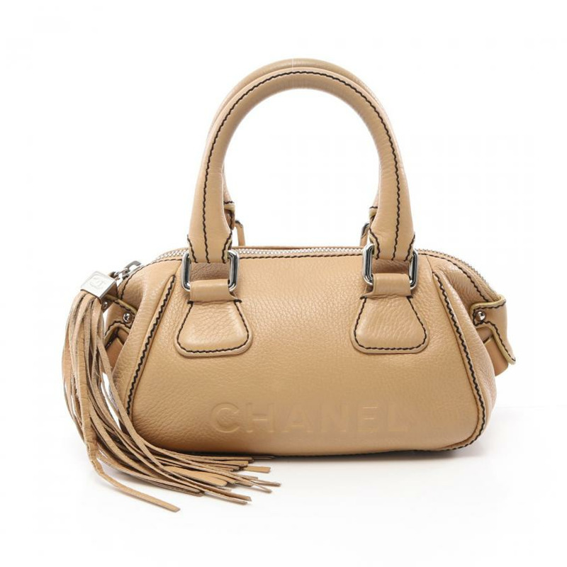 【日本直送】中古CHANEL 9成新 真皮手提包 米色 銀色五金 Logo壓花 流蘇-0