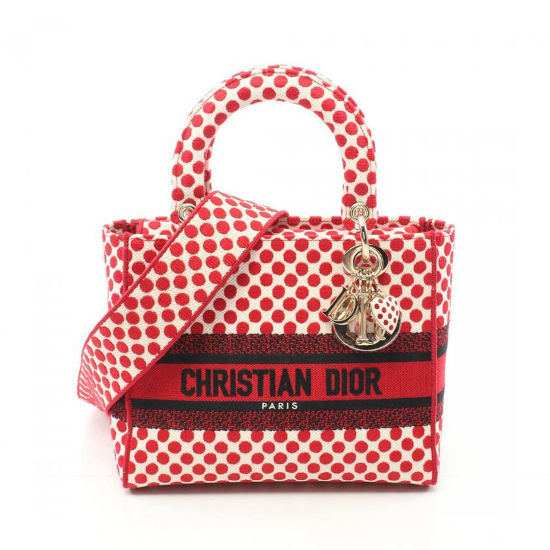 【日本直送】中古Christian Dior 9成新 Lady D-Lite 手提包 波點 帆布 紅色 白色 黑色 兩用款-0