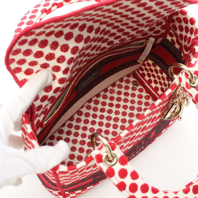 【日本直送】中古Christian Dior 9成新 Lady D-Lite 手提包 波點 帆布 紅色 白色 黑色 兩用款-2