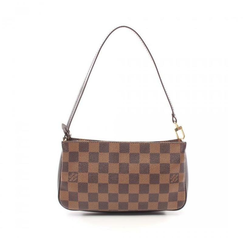 【日本直送】中古LOUIS VUITTON 9成新 Navona 烏黑色棋盤格 手提包 PVC 真皮 棕色-0