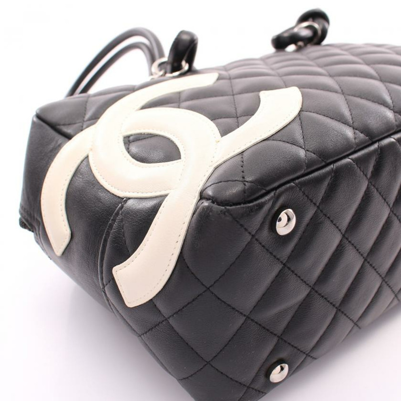 【日本直送】中古CHANEL 9成新 康鵬系列 保齡球包 真皮肩包 黑色 白色 銀色五金-5