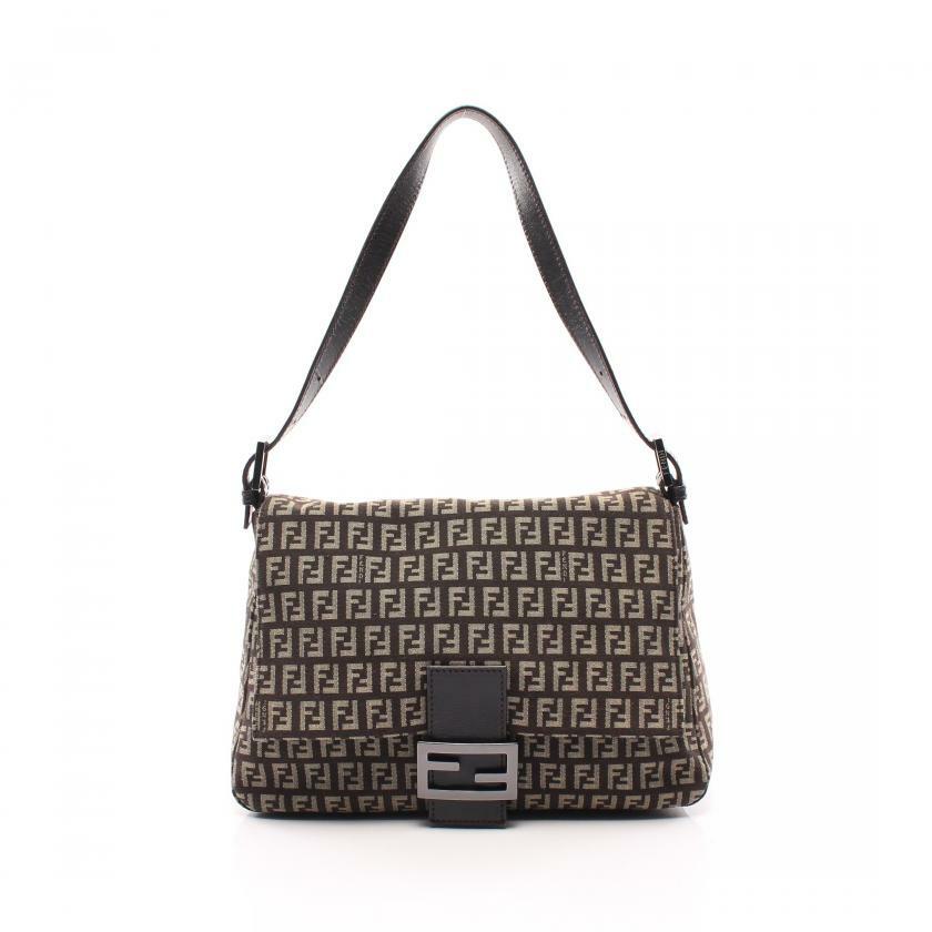 【日本直送】中古FENDI 9成新 Zucchino 帆佈單肩包 真皮 深棕色 米色-0