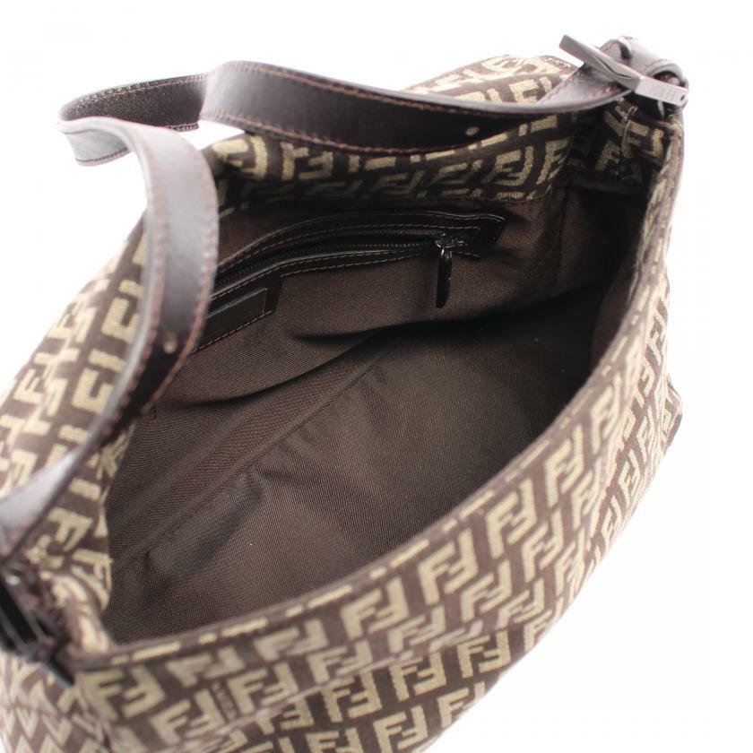 【日本直送】中古FENDI 9成新 Zucchino 帆佈單肩包 真皮 深棕色 米色-2