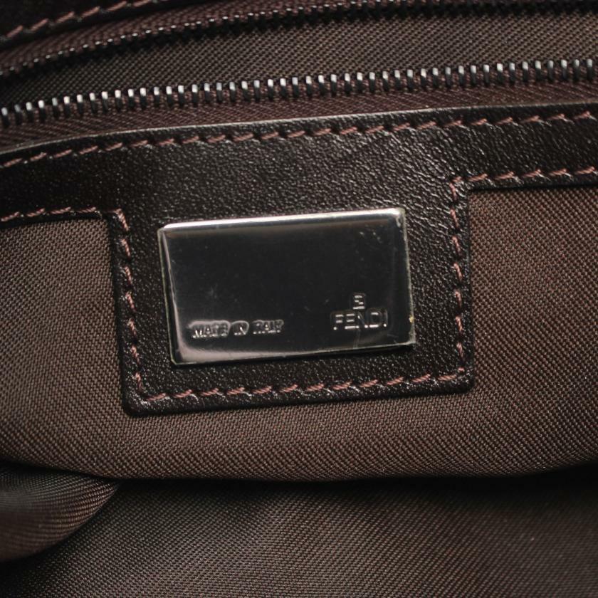 【日本直送】中古FENDI 9成新 Zucchino 帆佈單肩包 真皮 深棕色 米色-3