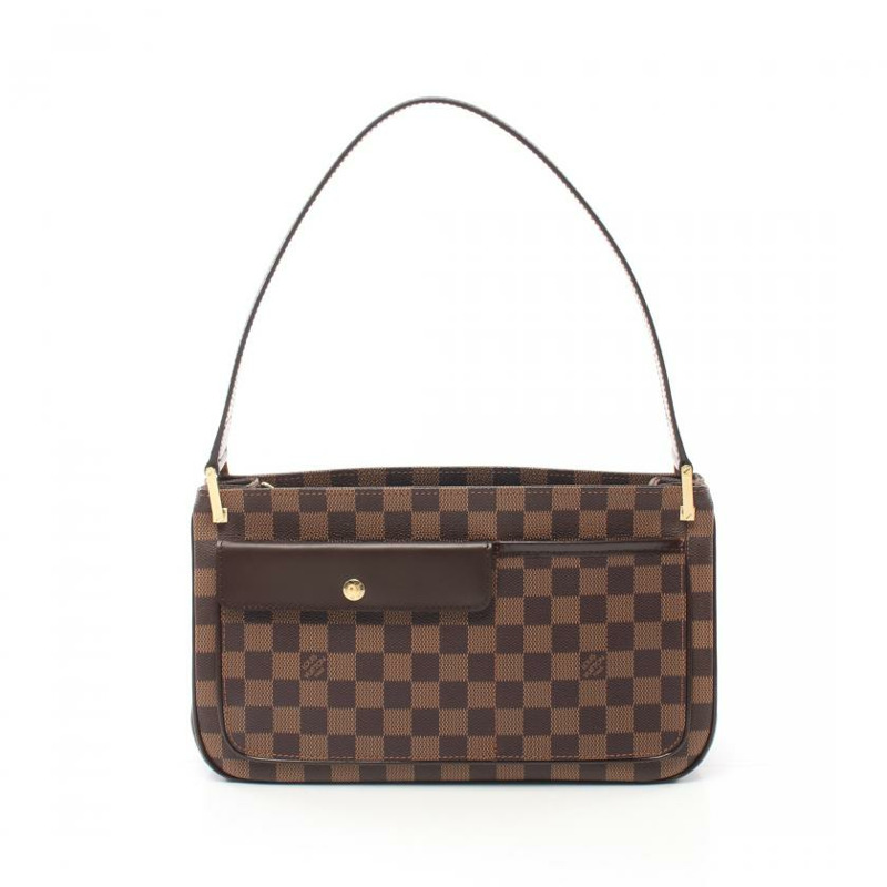 【日本直送】中古LOUIS VUITTON 9成新 Aubagne 烏黑色棋盤格 肩包 PVC 真皮 棕色-0